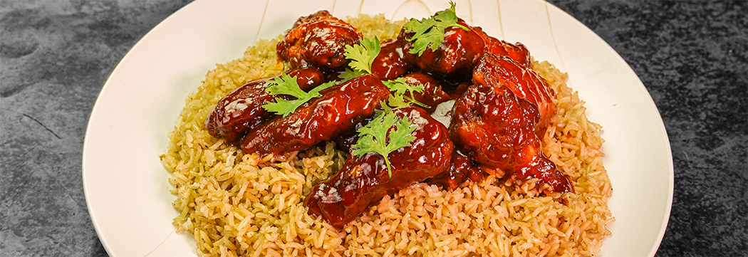 Plum Chicken Wings with Brown Rice